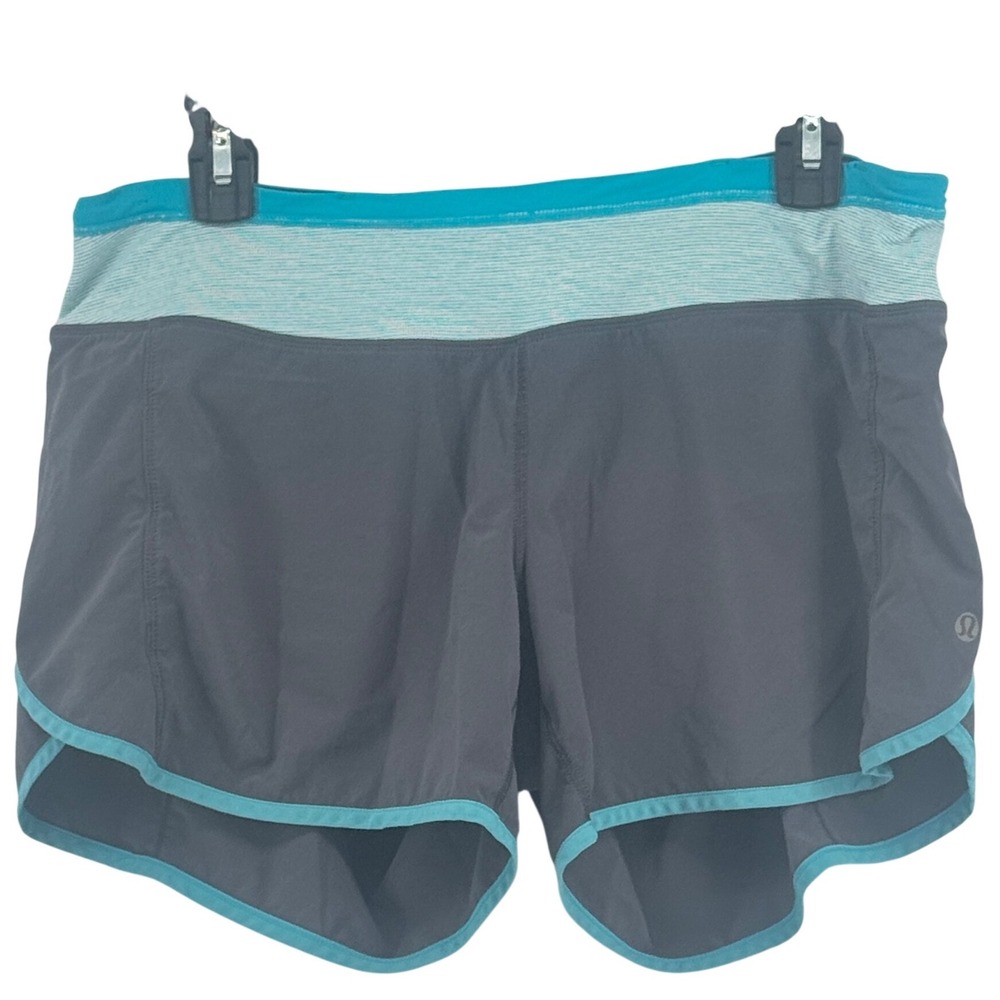 Lululemon Speed Up Running Shorts Gray‎ Teal Striped Waistband Size 12 Athletic